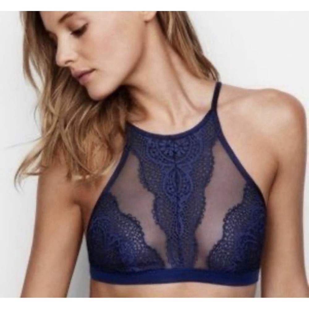 Victoria's Secret Dark Blue Lace High Neck Bralette, Size XS